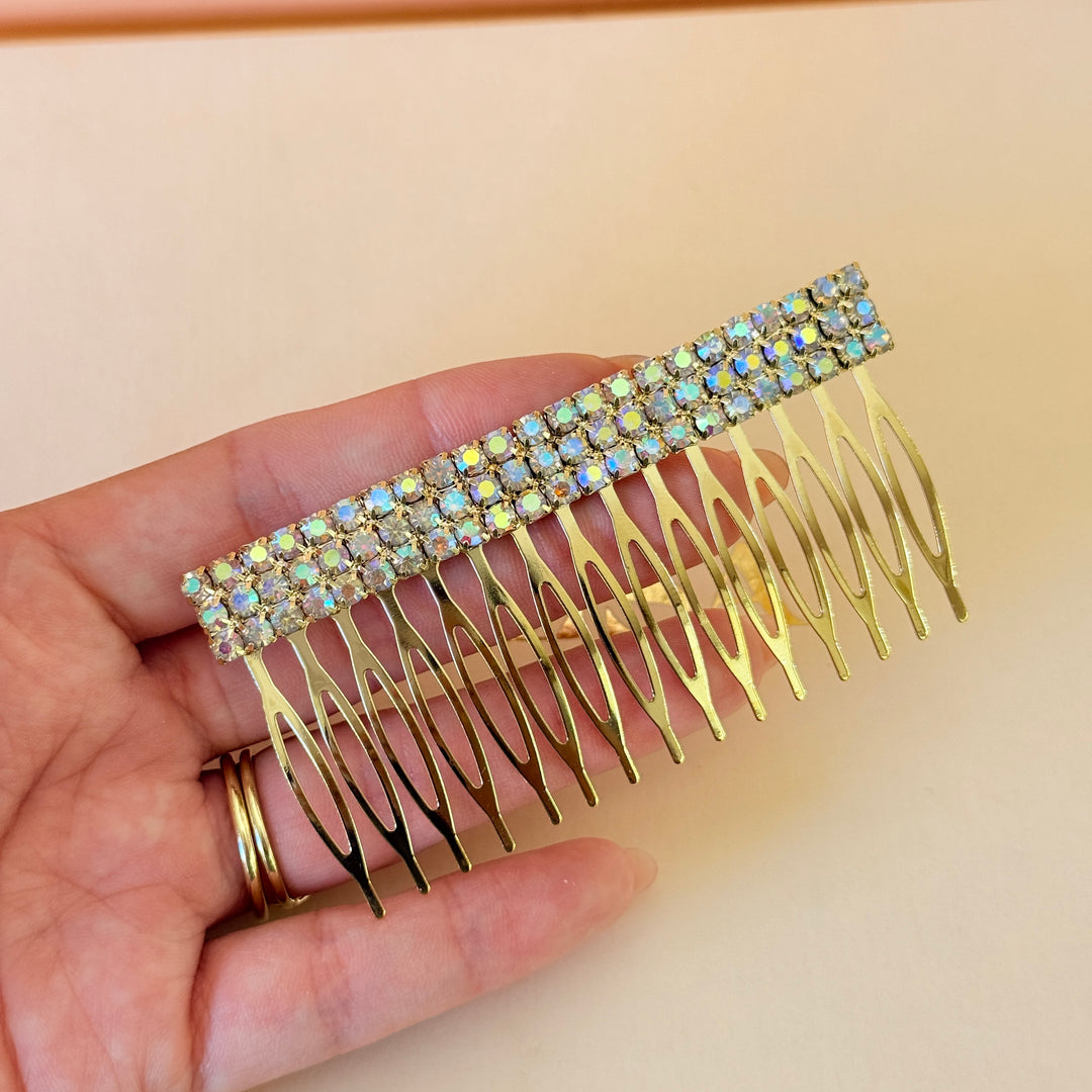 Rhinestone 3 rows aurora borealis gold comb