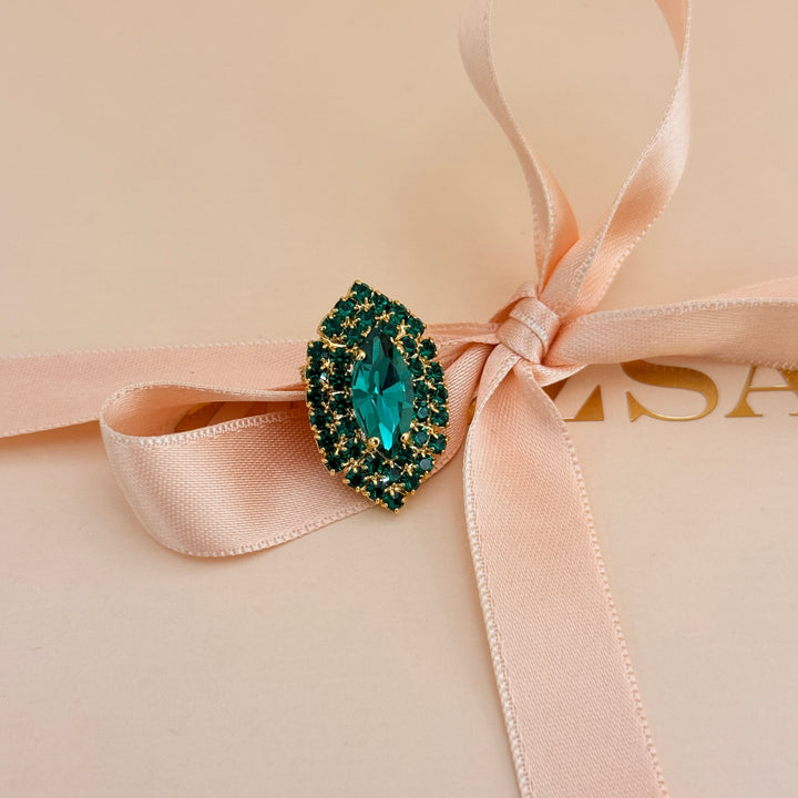 Marquise green preciosa crystals gold plated brooch