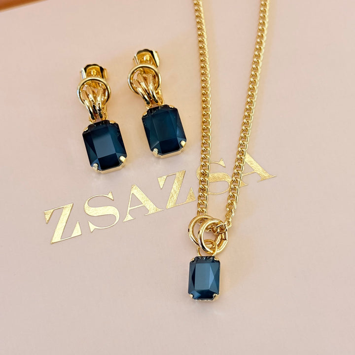 Rectangular dark green Swarovski crystals gold plated set