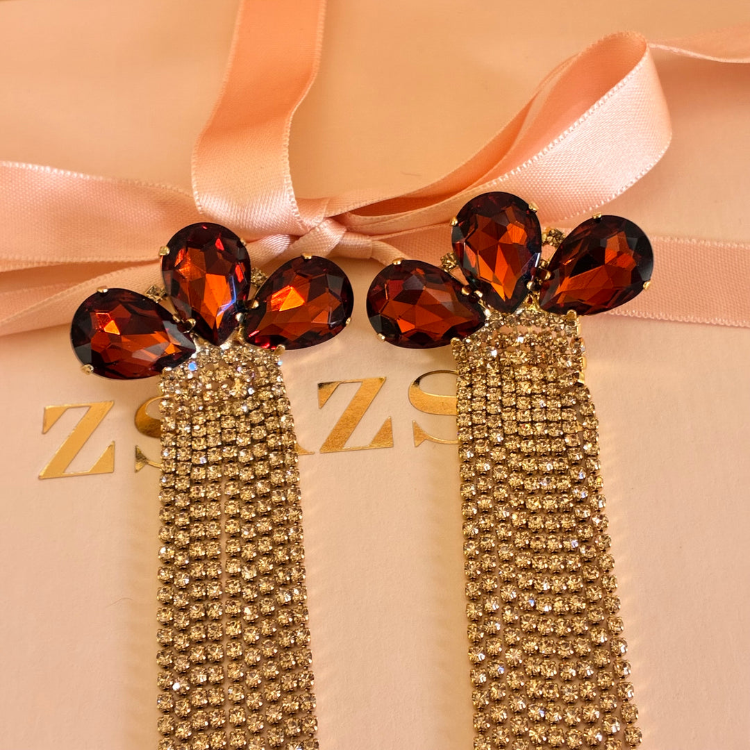 Teardrop bronze fringe long earrings