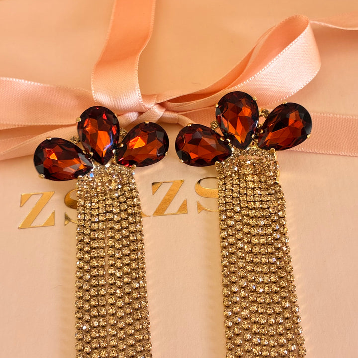 Teardrop bronze fringe long earrings