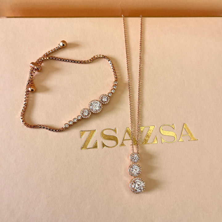 Round zircone rose gold plated pendant and bracelet