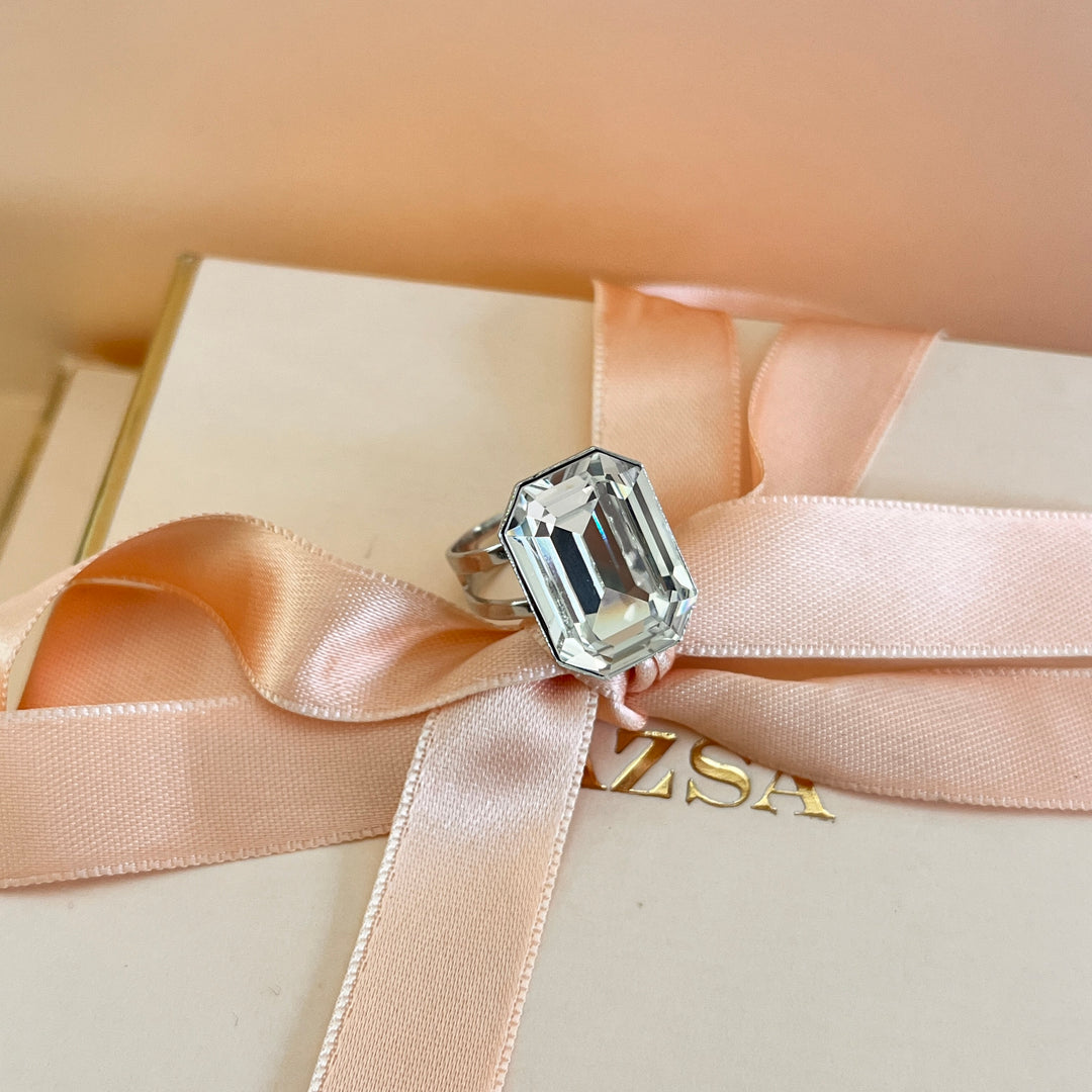 Swarovski crystals rectangular white gold plated ring