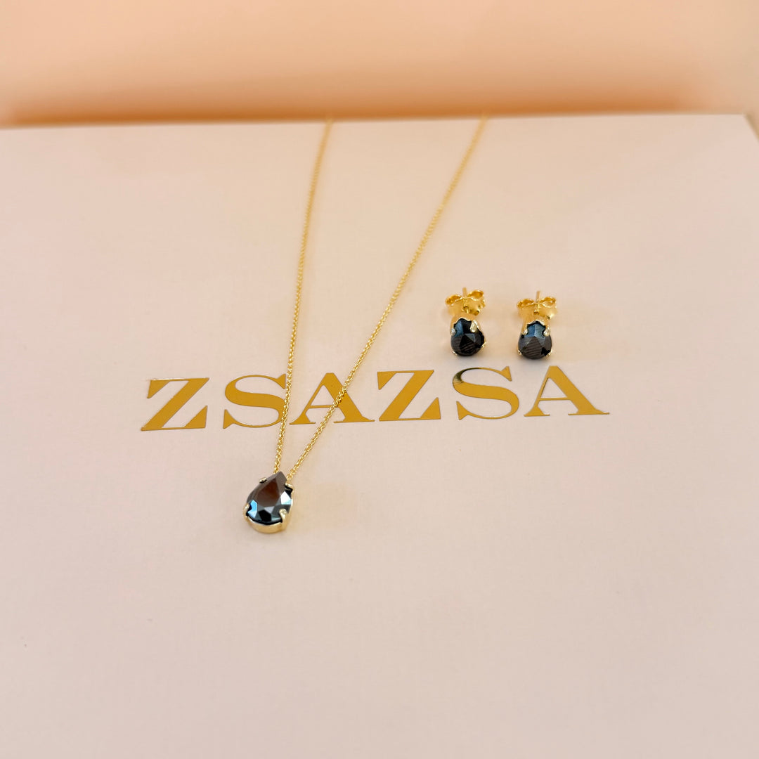 Dainty grey teardrop sterling silver gold plated set