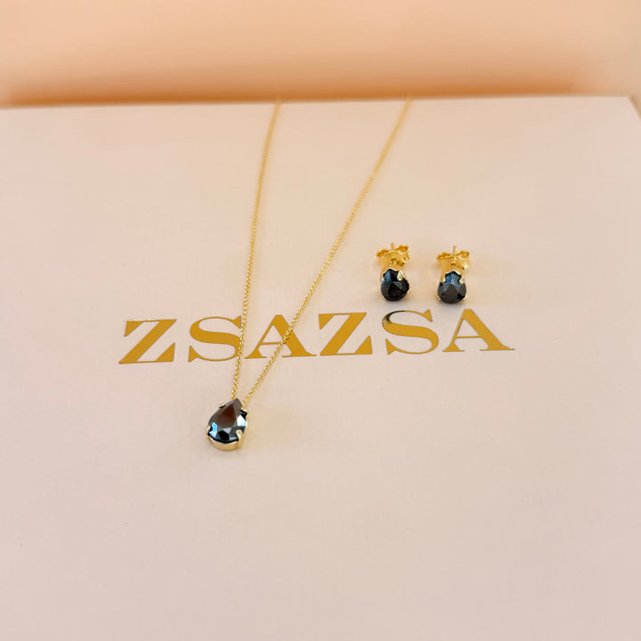 Dainty grey teardrop sterling silver gold plated set