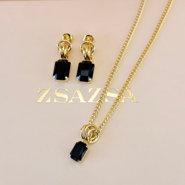 Rectangular black Swarovski crystals gold plated set