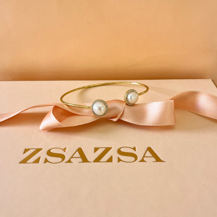 Zircone and fresh water pearls gold plated sterling silver bangle