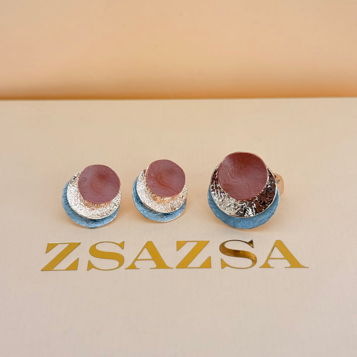 Round brown and grey enamel earrings and ring rose gold plated