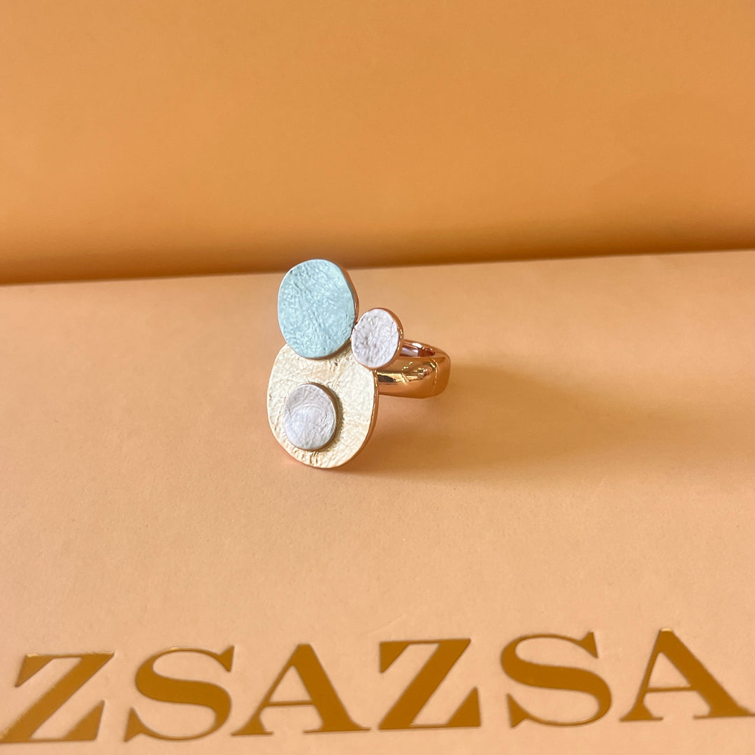 Enamel turquoise, light green and light grey round rose gold plated set