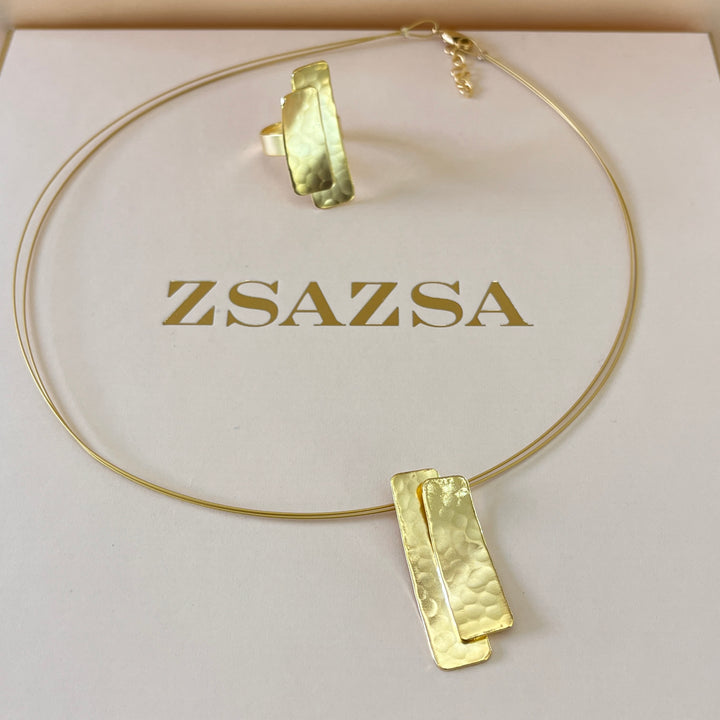 Rectangles gold handmade pendant & ring