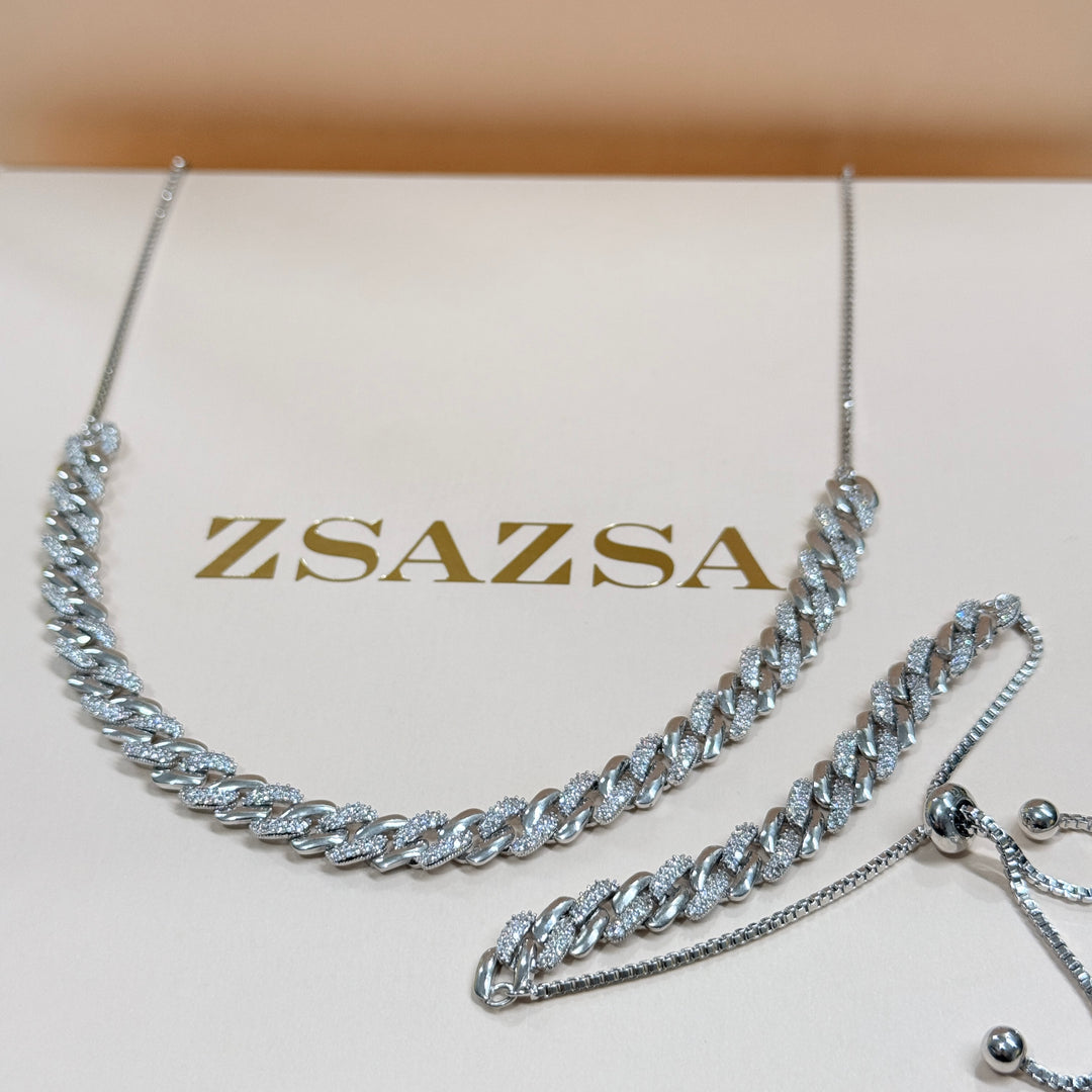 Chain design zircone silver necklace and bracelet