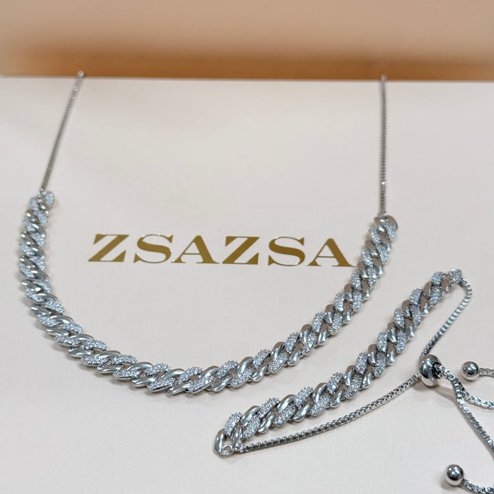 Chain design zircone silver necklace and bracelet