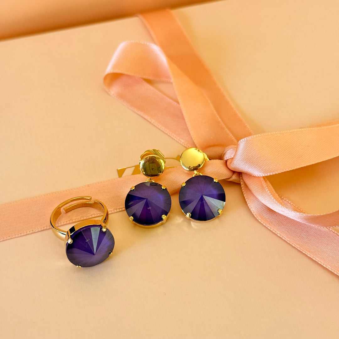 Round Purple Swarovski crystals earrings and ring