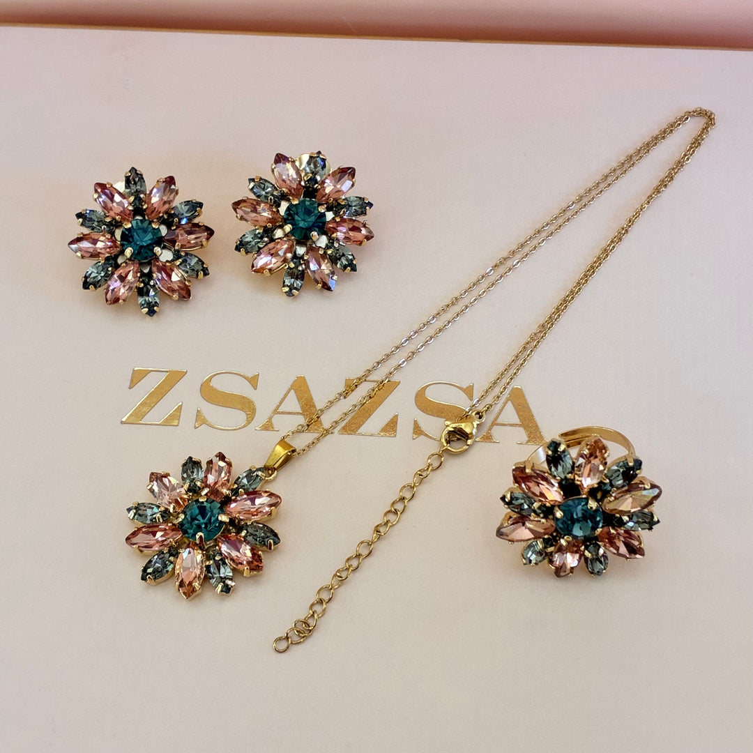 Flowers peach and grey Swarovski crystals set