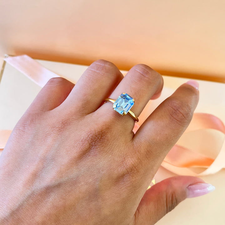 Light blue rectangular Swarovski crystal ring