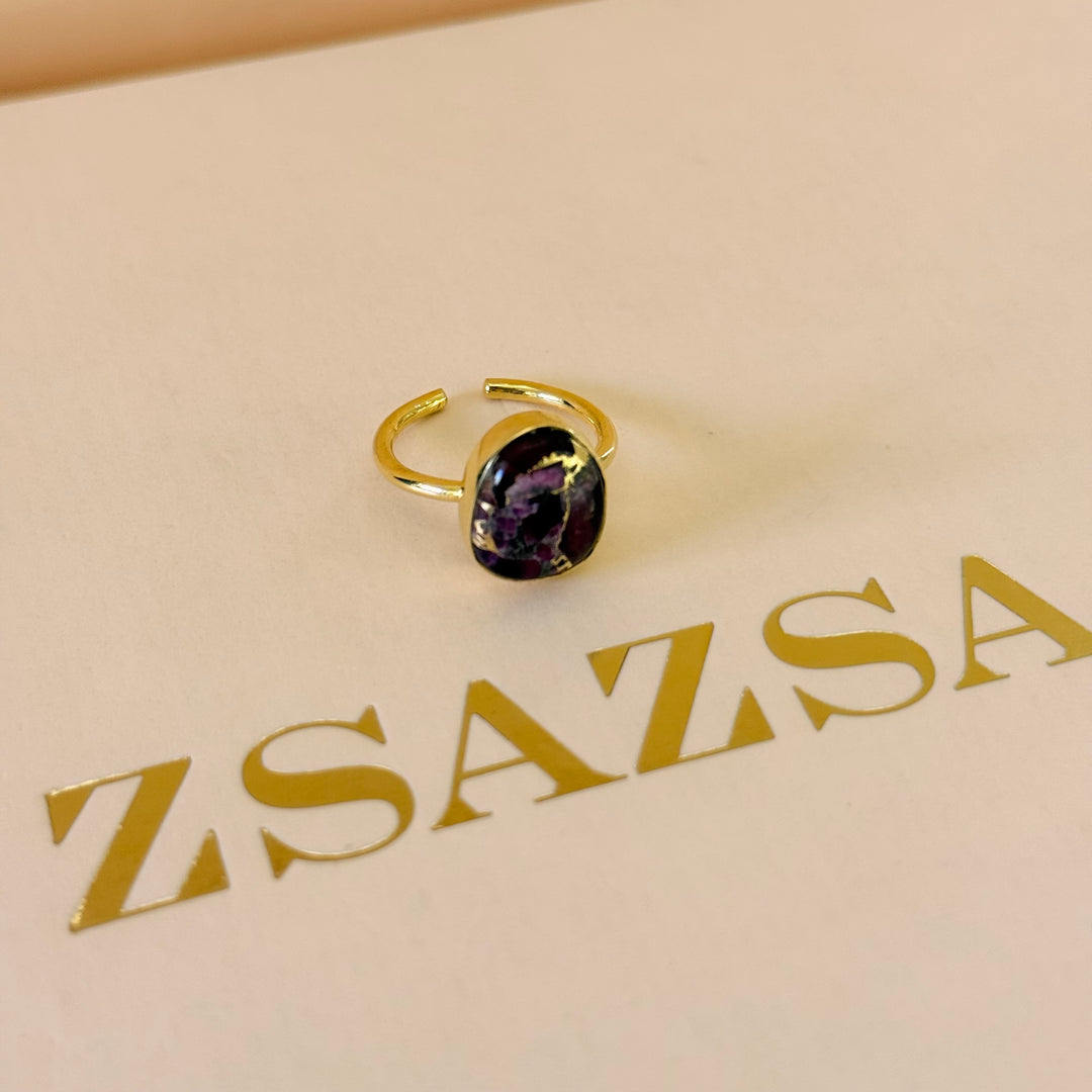 Purple natural stone earrings and ring