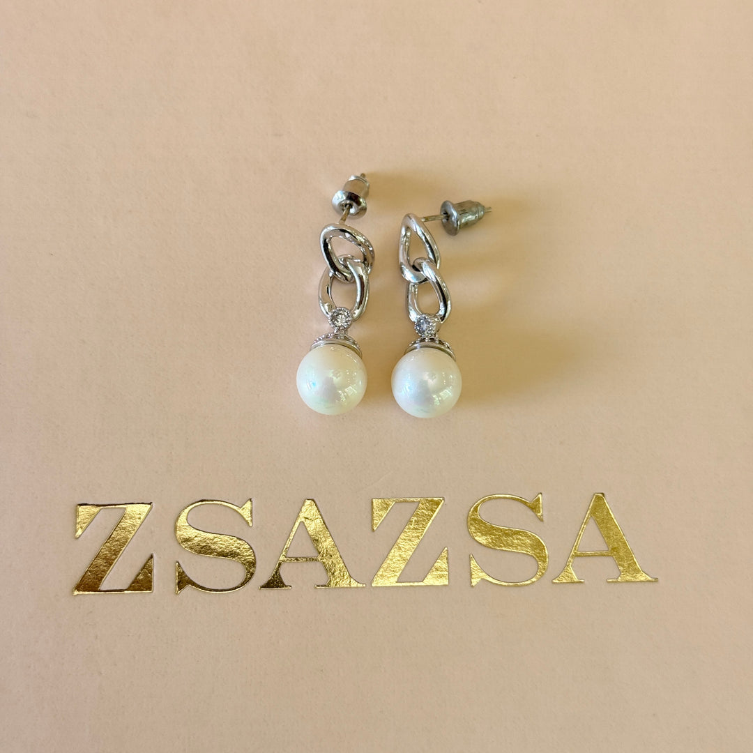Swarovski crystals Mallorca pearls chain silver earrings