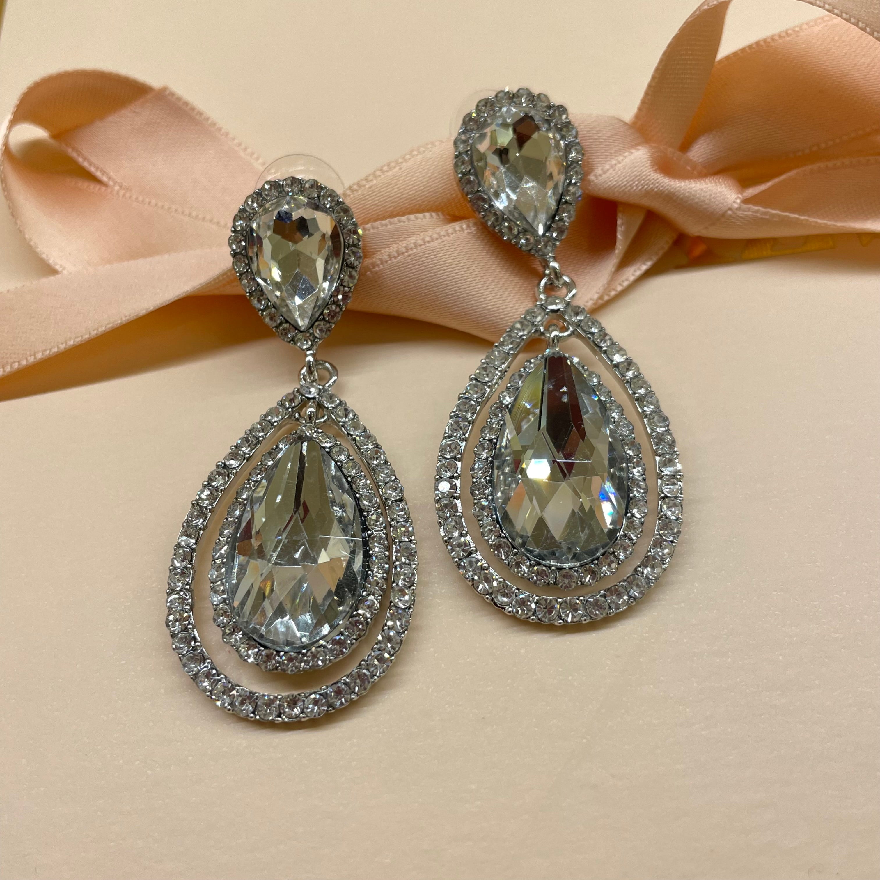 Teardrop Crystal Rhinestone Dangle Evening Earrings