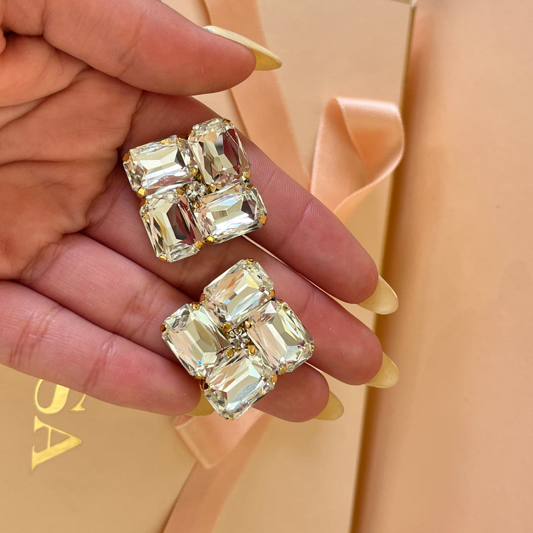 Square preciosa crystals gold plated studs