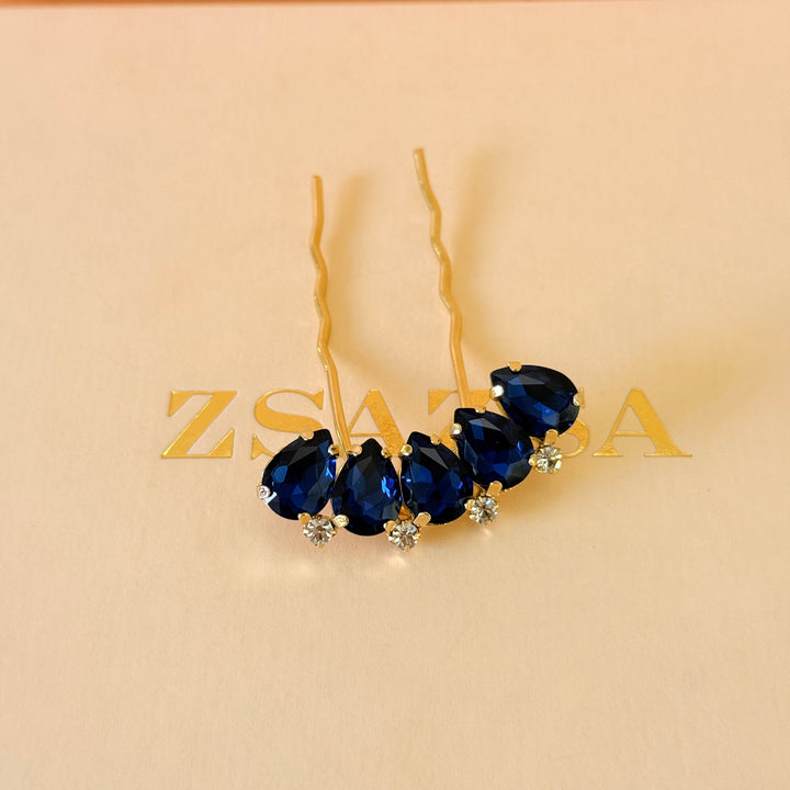 Preciosa crystals teardrop navy blue gold hair pin