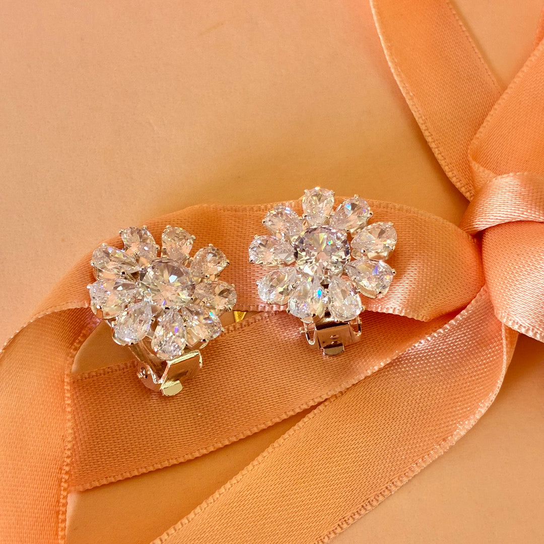Flower zircone silver clip on earrings