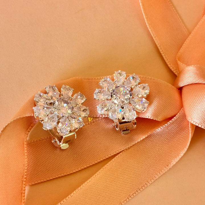 Flower zircone silver clip on earrings