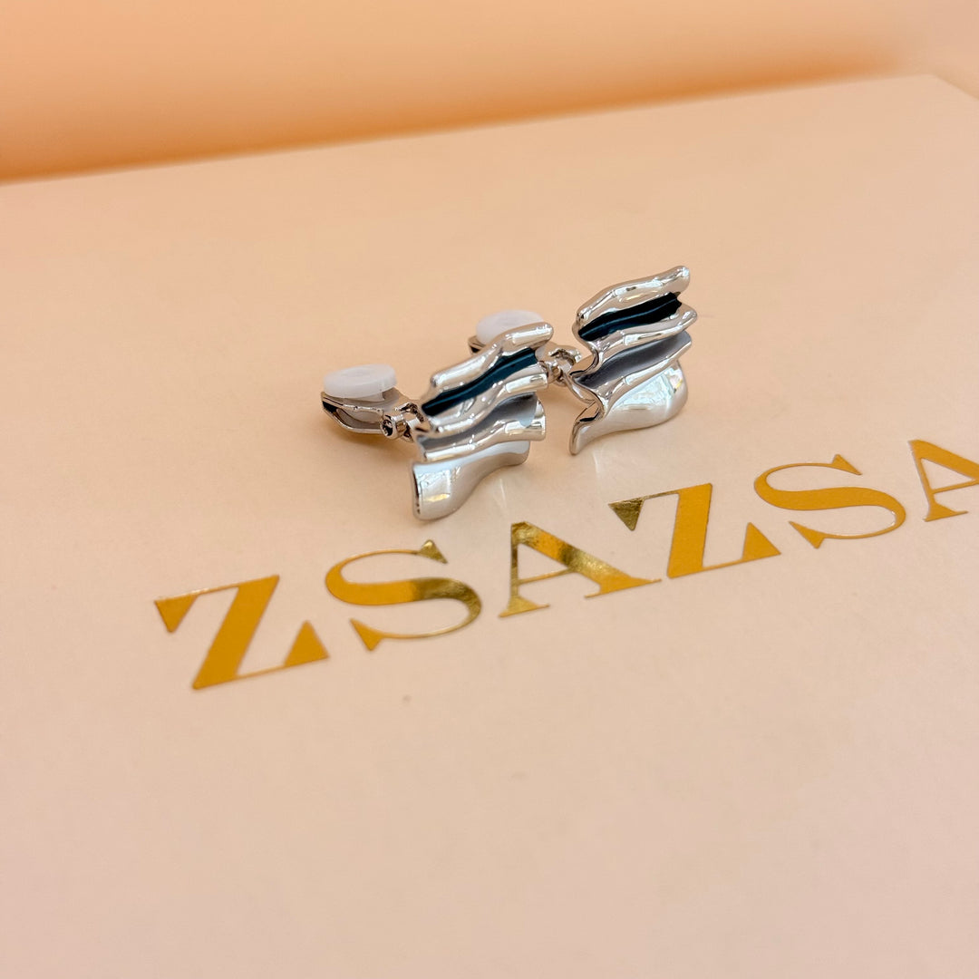 Blue, grey and white silver enamel earrings and ring