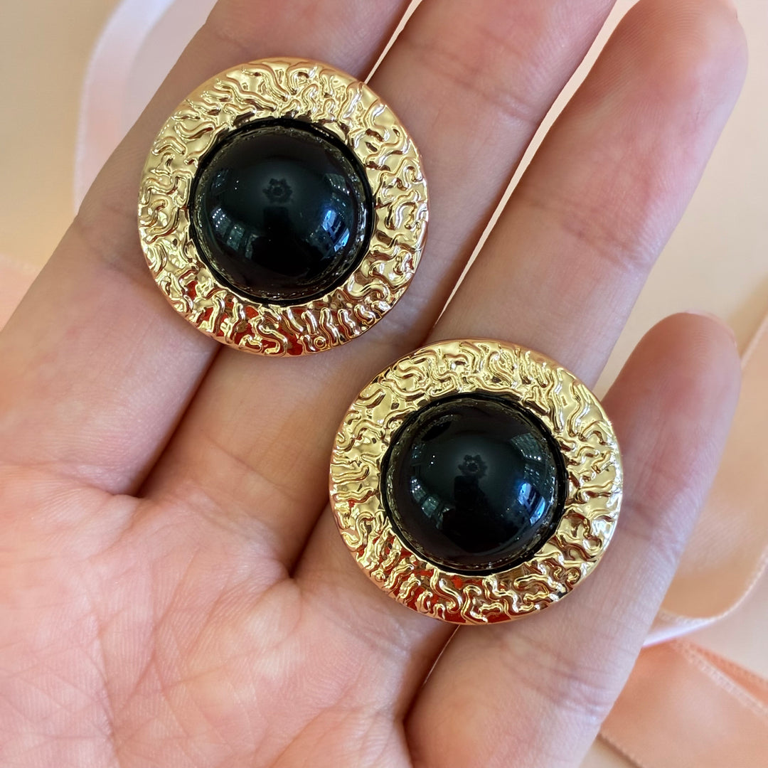 Half black ball and texture gold plated studs