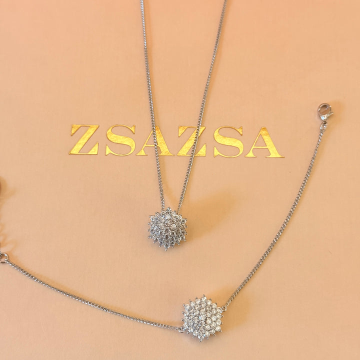 Flower Zircone silver pendant and bracelet
