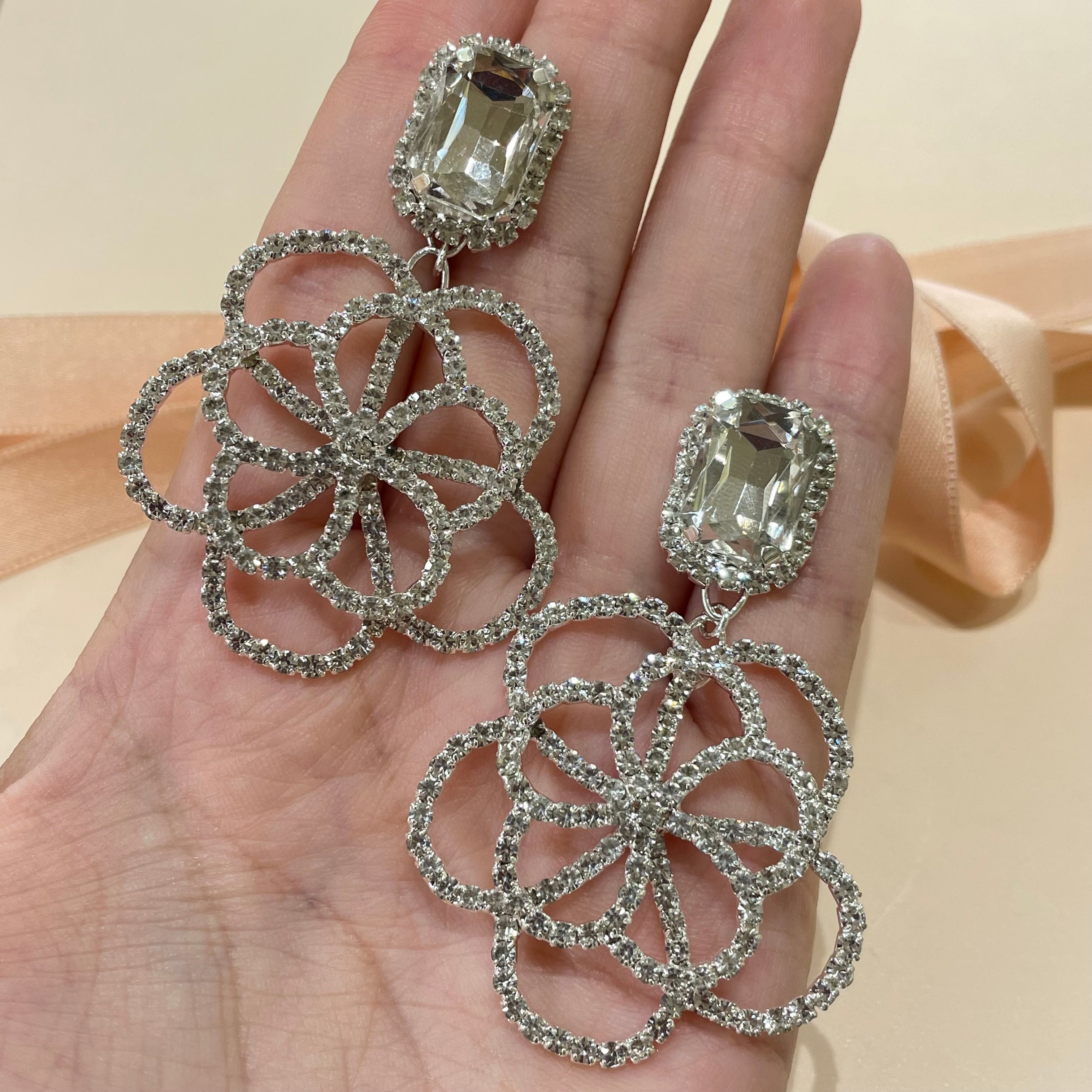 Rhinestone Embellished Flower Dangle Evening Earrings