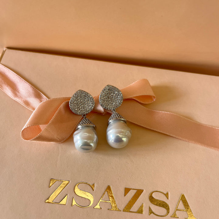 Zicone and white Baroque pearl white gold plated earrings