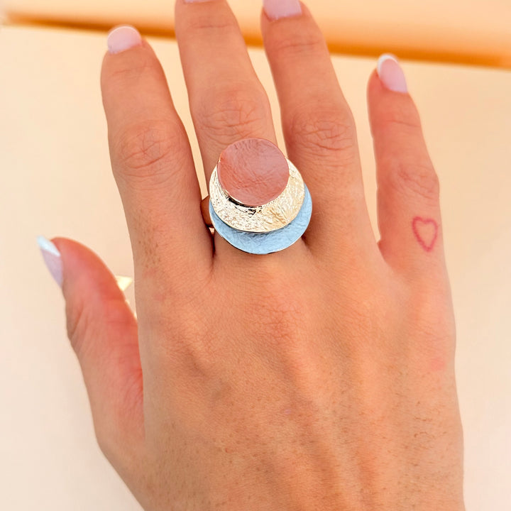 Round brown and grey enamel earrings and ring rose gold plated