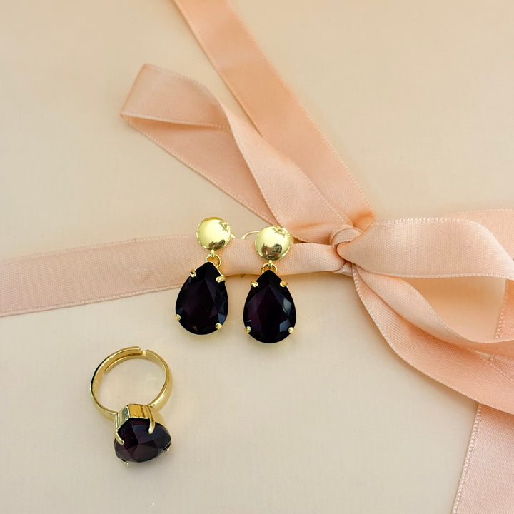 Teardrop plum Swarovski crystal earrings and ring