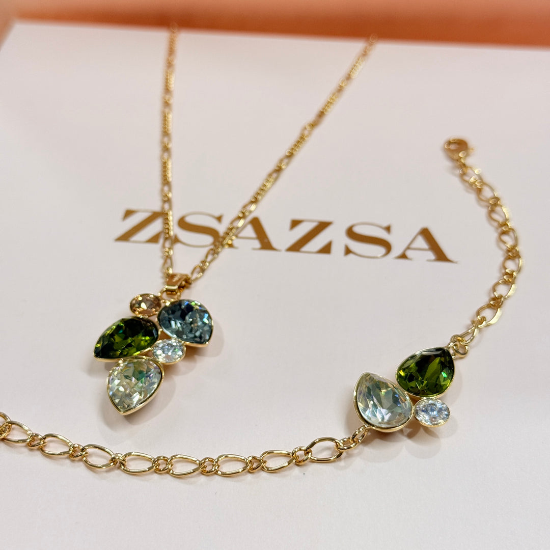 Multi green Swarovski crystals gold plated necklace and bracelet
