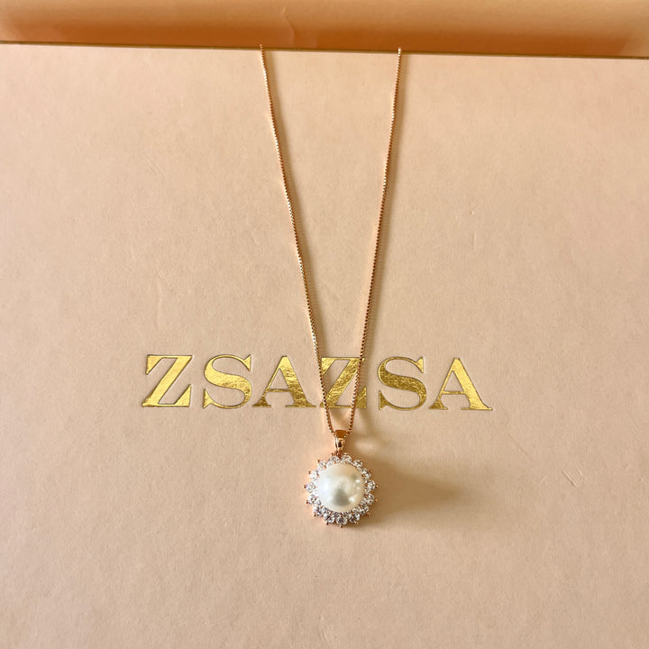 zircone and fresh water pearl rose gold plated pendant