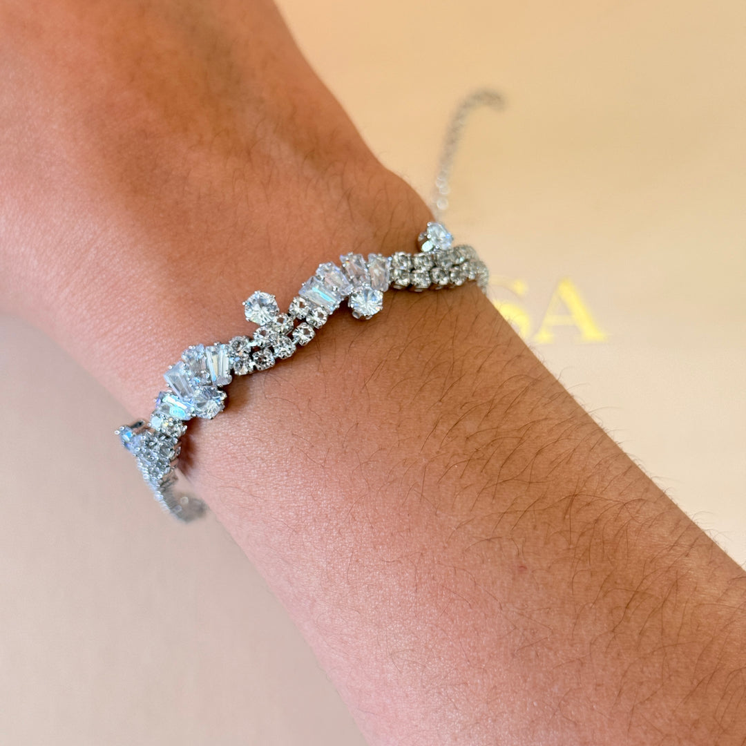 Baguette and round zircone silver bracelet