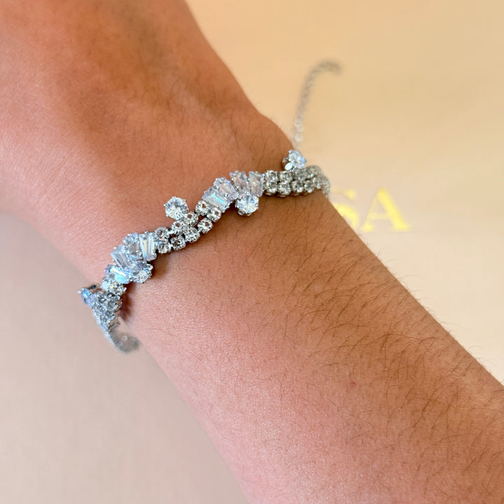 Baguette and round zircone silver bracelet