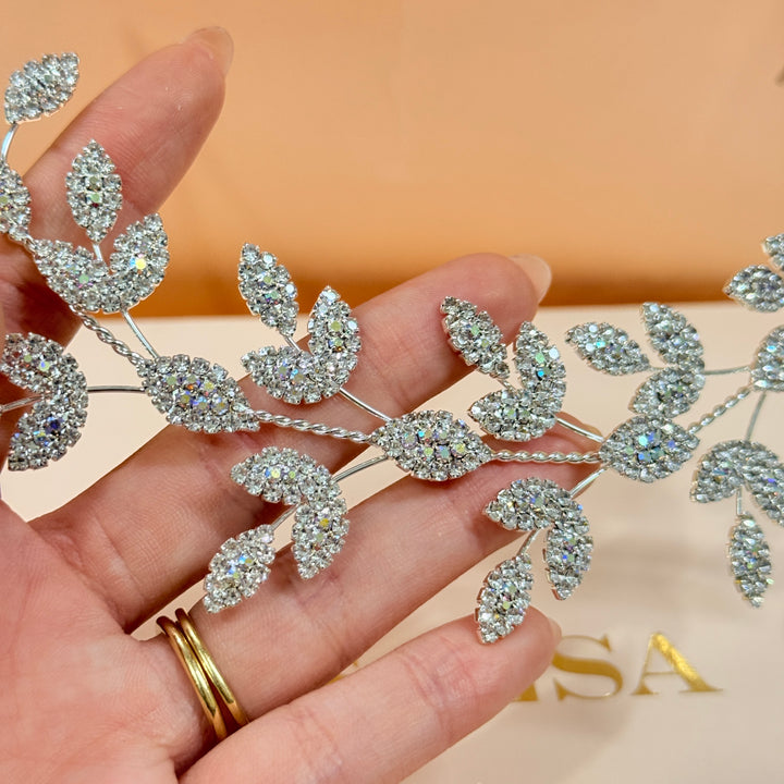 Rhinestone leaves aurora borealis silver flexible headband