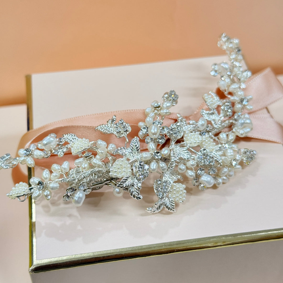 Swarovski crystals & pearls silver hair clip