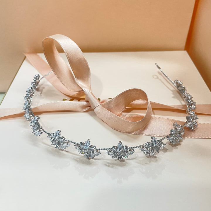 Sliver leaf cubic zircone flexible headpiece