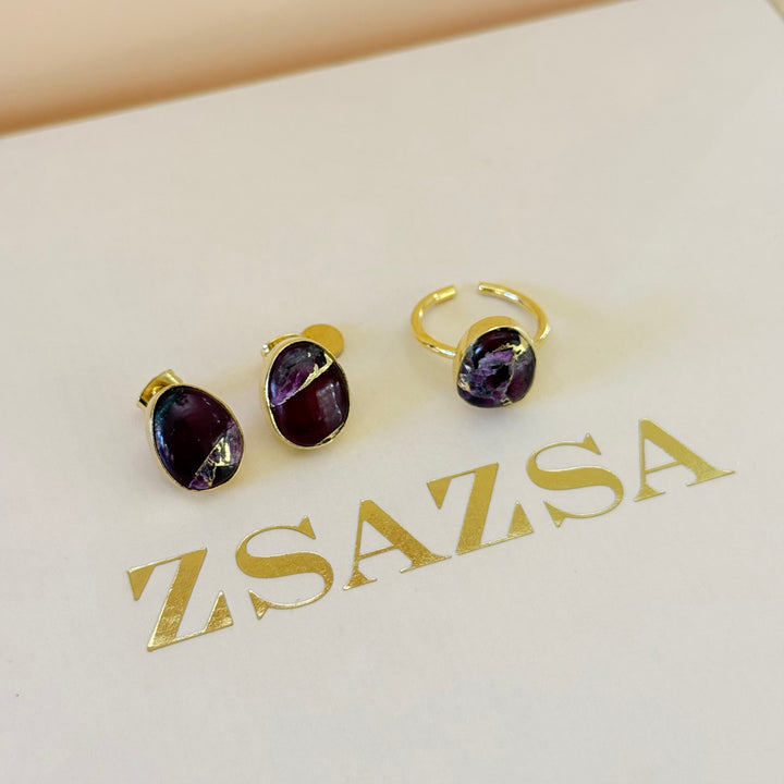 Purple natural stone earrings and ring