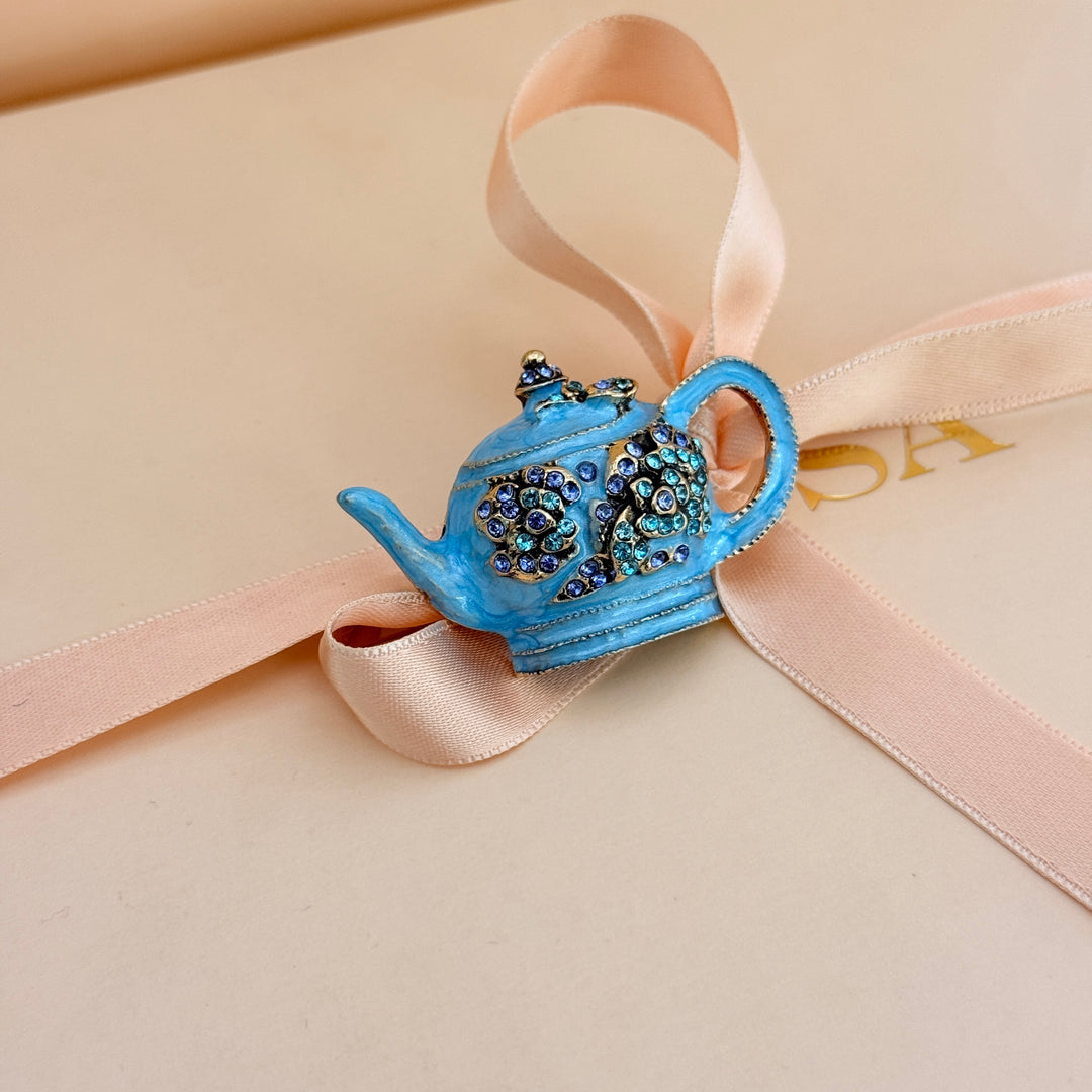 Teapot turquoise rhinestone brooch