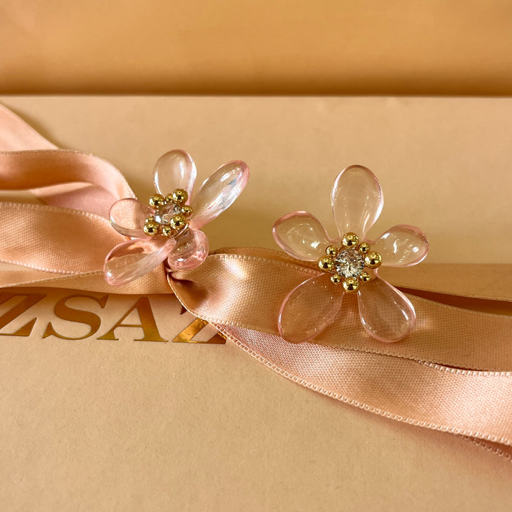 Light pink flower resin gold plated  earrings