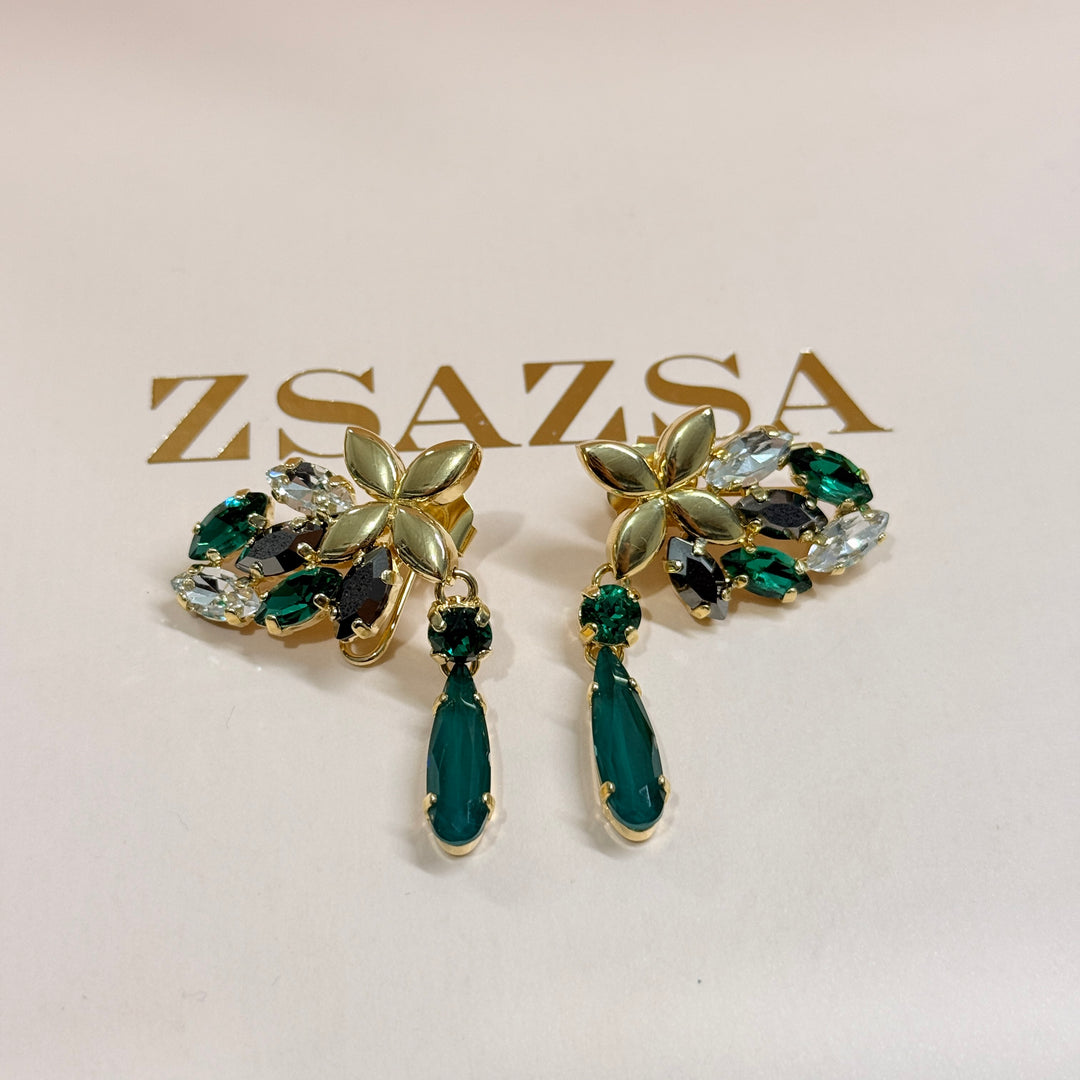 Green and grey Swarovski crystals gold plated earrings