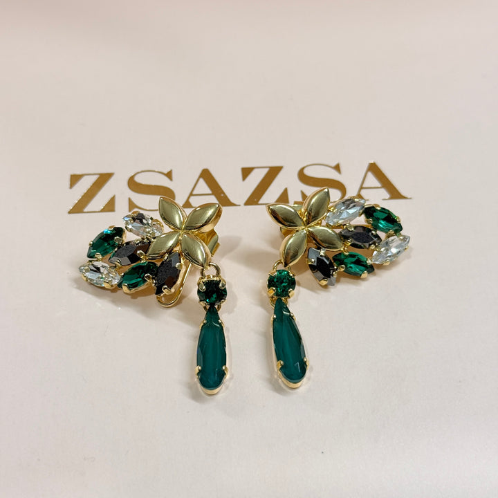 Green and grey Swarovski crystals gold plated earrings