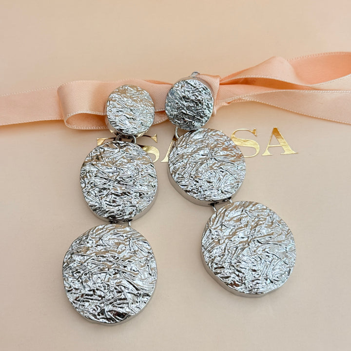 Plain chunky long texture silver clip on earrings