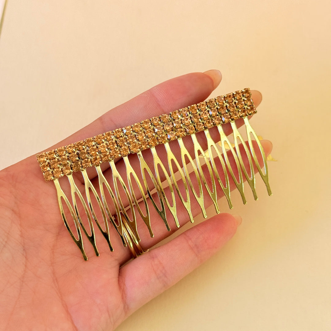Rhinestone 3 rows peach gold comb