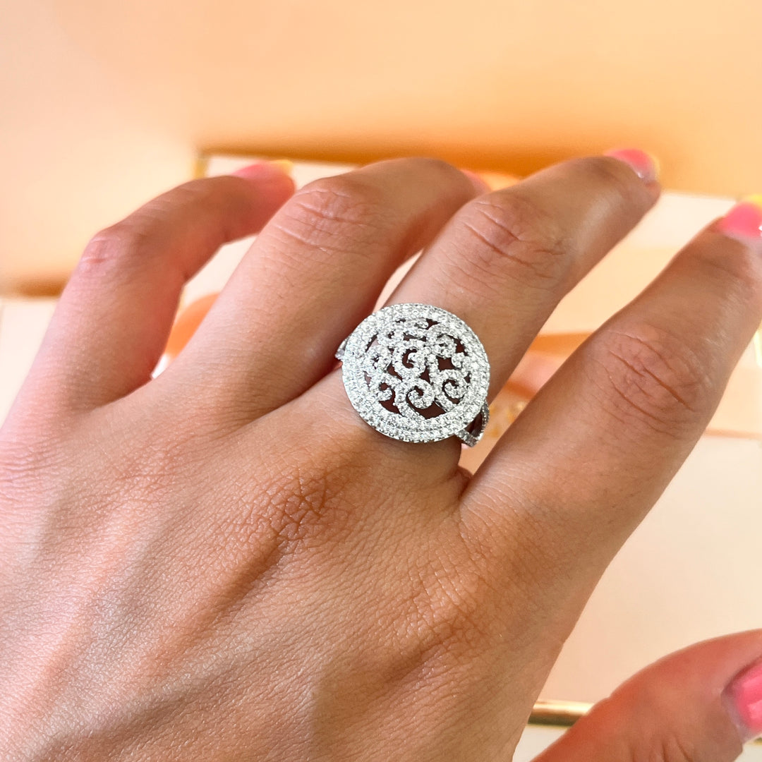 Zircone round and twisted white gold silver ring