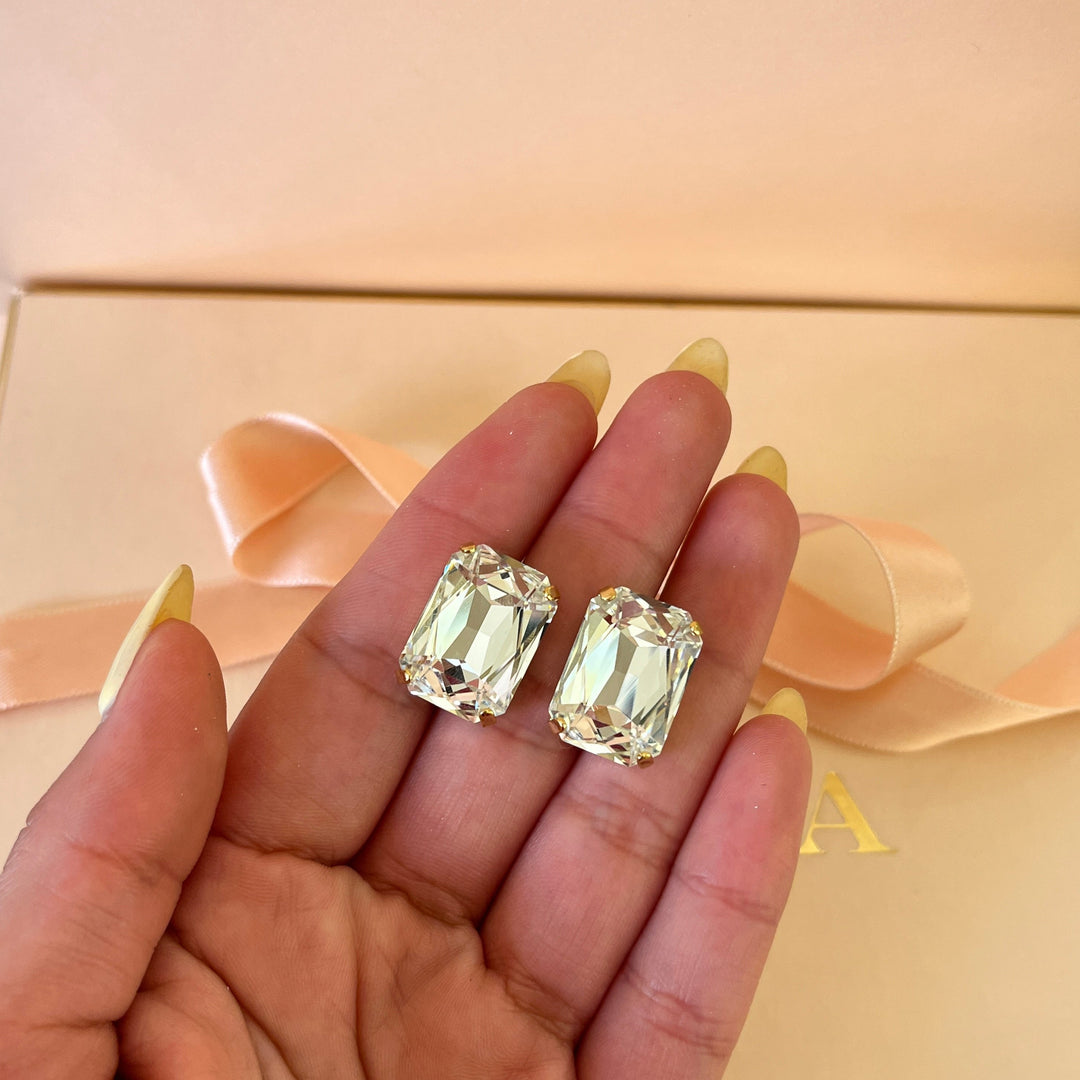 Rectangular Swarovski crystals gold plated studs