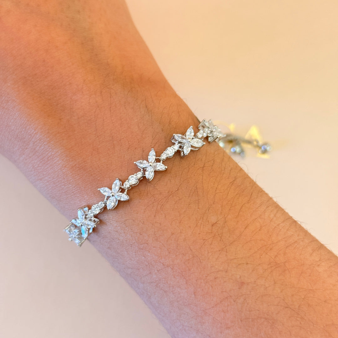 Flower and marquise zircone silver bracelet